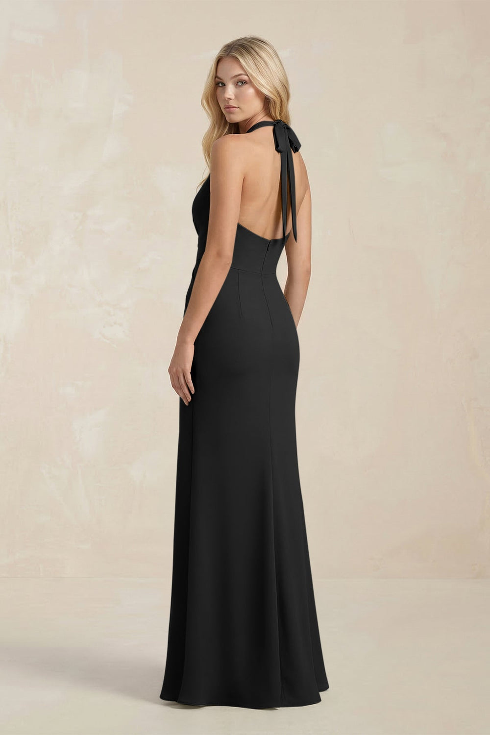 Ruched V - Neck Sheath Bridesmaid Dress With Bow in Black - KISS BRIDAL Bridesmaid Dresses