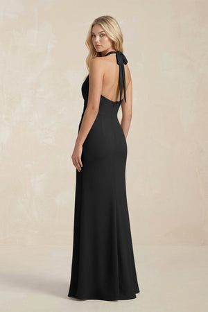 Ruched V - Neck Sheath Bridesmaid Dress With Bow in Black - KISS BRIDAL Bridesmaid Dresses