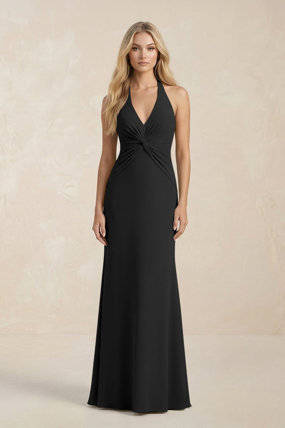 Ruched V - Neck Sheath Bridesmaid Dress With Bow in Black - KISS BRIDAL Bridesmaid Dresses