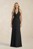 Ruched V - Neck Sheath Bridesmaid Dress With Bow in Black - KISS BRIDAL Bridesmaid Dresses