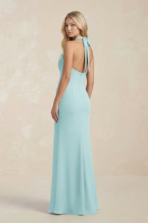 Ruched V - Neck Sheath Bridesmaid Dress With Bow in Bleached Aqua - KISS BRIDAL Bridesmaid Dresses