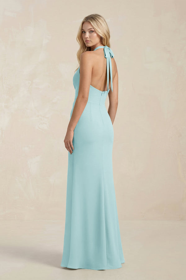 Ruched V - Neck Sheath Bridesmaid Dress With Bow in Bleached Aqua - KISS BRIDAL Bridesmaid Dresses