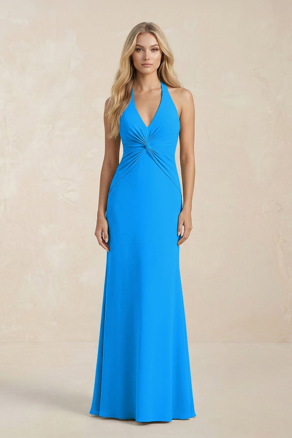 Ruched V - Neck Sheath Bridesmaid Dress With Bow in Blue Jay - KISS BRIDAL Bridesmaid Dresses