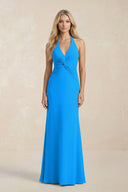 Ruched V - Neck Sheath Bridesmaid Dress With Bow in Blue Jay - KISS BRIDAL Bridesmaid Dresses