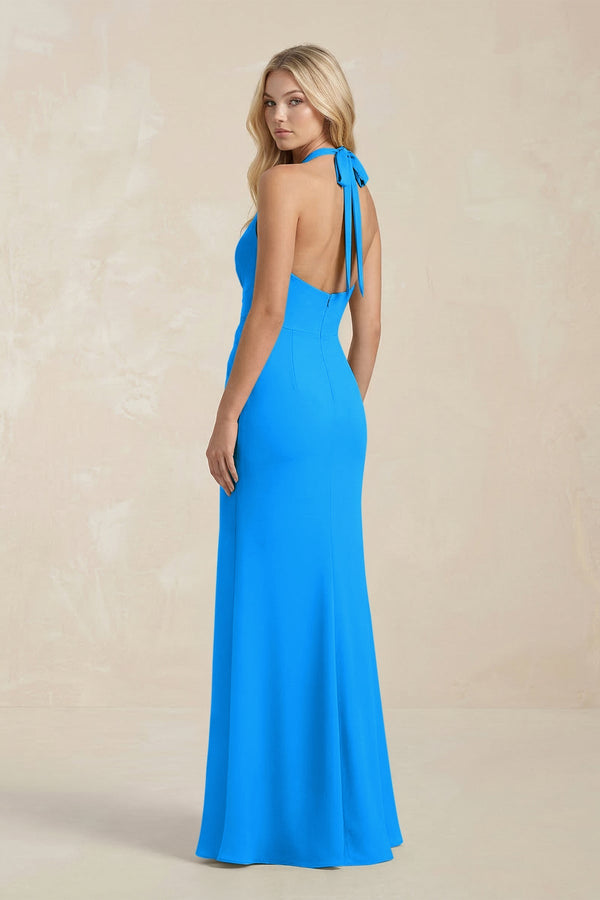 Ruched V - Neck Sheath Bridesmaid Dress With Bow in Blue Jay - KISS BRIDAL Bridesmaid Dresses