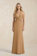 Ruched V - Neck Sheath Bridesmaid Dress With Bow in Bronzer - KISS BRIDAL Bridesmaid Dresses