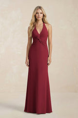 Ruched V - Neck Sheath Bridesmaid Dress With Bow in Burgundy - KISS BRIDAL Bridesmaid Dresses