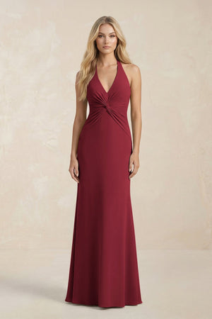 Ruched V - Neck Sheath Bridesmaid Dress With Bow in Burgundy - KISS BRIDAL Bridesmaid Dresses