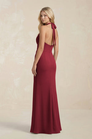 Ruched V - Neck Sheath Bridesmaid Dress With Bow in Burgundy - KISS BRIDAL Bridesmaid Dresses