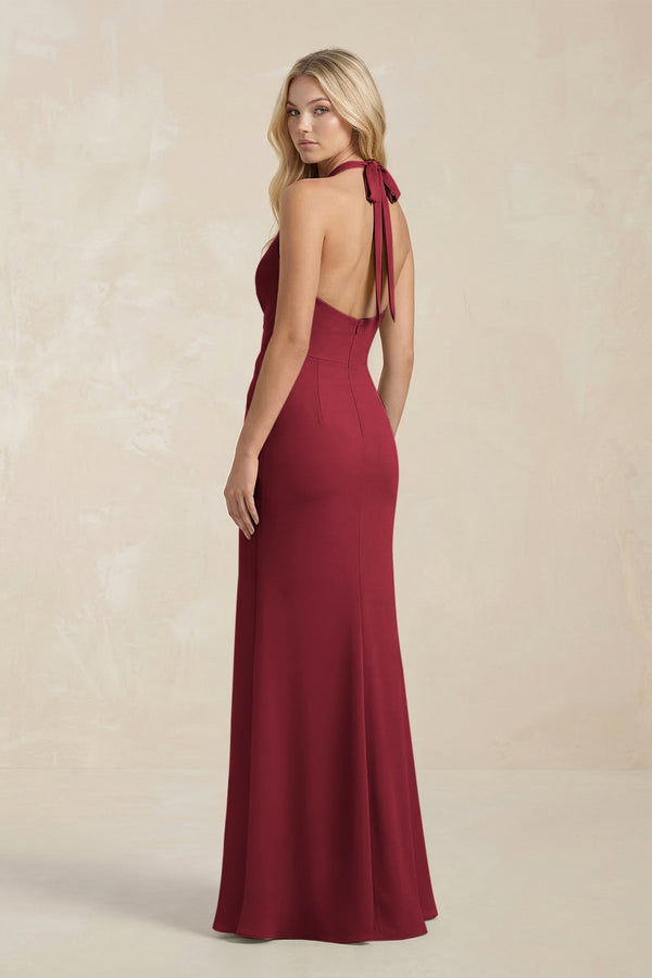Ruched V - Neck Sheath Bridesmaid Dress With Bow in Burgundy - KISS BRIDAL Bridesmaid Dresses