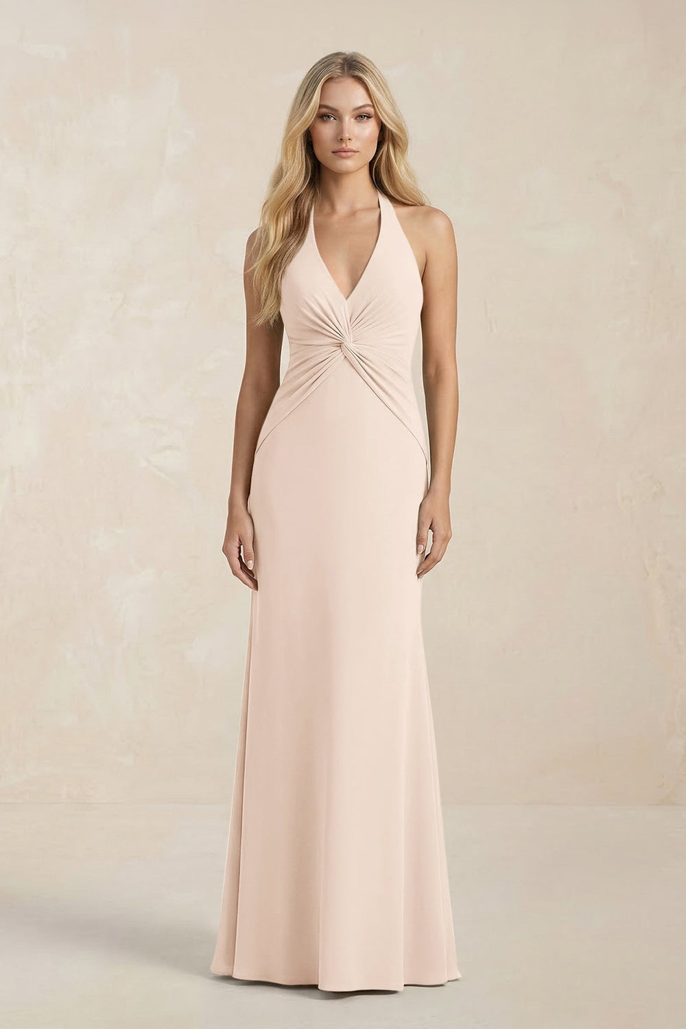 Ruched V - Neck Sheath Bridesmaid Dress With Bow in Buttercream - KISS BRIDAL Bridesmaid Dresses