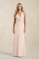 Ruched V - Neck Sheath Bridesmaid Dress With Bow in Buttercream - KISS BRIDAL Bridesmaid Dresses