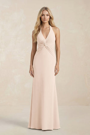 Ruched V - Neck Sheath Bridesmaid Dress With Bow in Buttercream - KISS BRIDAL Bridesmaid Dresses