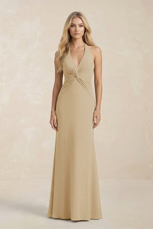 Ruched V - Neck Sheath Bridesmaid Dress With Bow in Champagne - KISS BRIDAL Bridesmaid Dresses