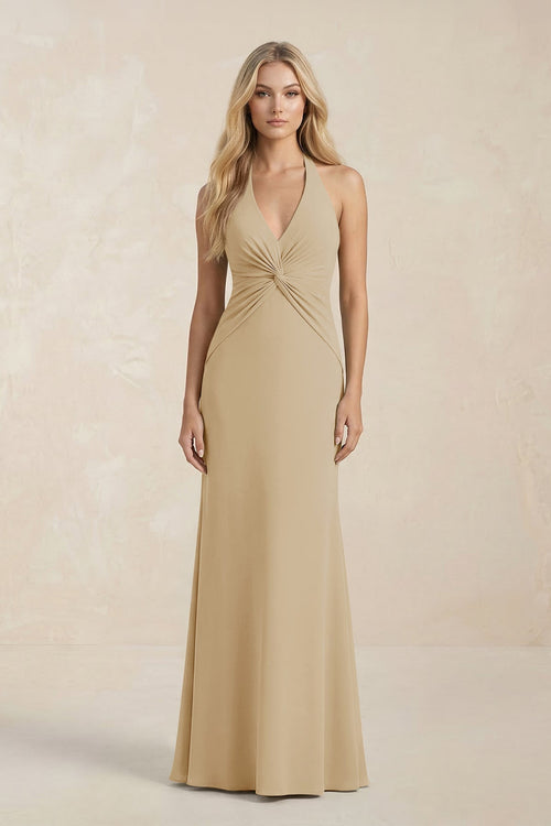 Ruched V - Neck Sheath Bridesmaid Dress With Bow in Champagne - KISS BRIDAL Bridesmaid Dresses