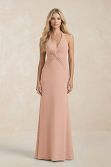 Ruched V - Neck Sheath Bridesmaid Dress With Bow in Champagne Rose - KISS BRIDAL Bridesmaid Dresses