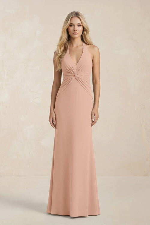 Ruched V - Neck Sheath Bridesmaid Dress With Bow in Champagne Rose - KISS BRIDAL Bridesmaid Dresses