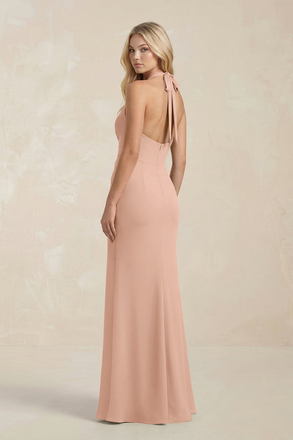 Ruched V - Neck Sheath Bridesmaid Dress With Bow in Champagne Rose - KISS BRIDAL Bridesmaid Dresses