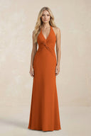 Ruched V - Neck Sheath Bridesmaid Dress With Bow in Cinnamon - KISS BRIDAL Bridesmaid Dresses