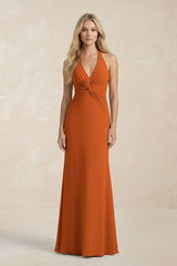 Ruched V - Neck Sheath Bridesmaid Dress With Bow in Cinnamon - KISS BRIDAL Bridesmaid Dresses