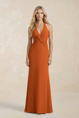 Ruched V - Neck Sheath Bridesmaid Dress With Bow in Cinnamon - KISS BRIDAL Bridesmaid Dresses