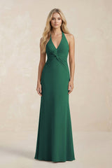 Ruched V - Neck Sheath Bridesmaid Dress With Bow in Dark Green - KISS BRIDAL Bridesmaid Dresses