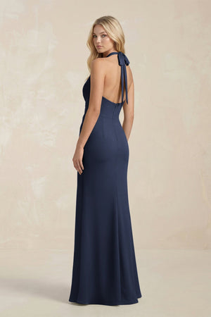 Ruched V - Neck Sheath Bridesmaid Dress With Bow in Dark Navy - KISS BRIDAL Bridesmaid Dresses