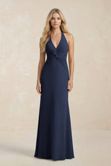 Ruched V - Neck Sheath Bridesmaid Dress With Bow in Dark Navy - KISS BRIDAL Bridesmaid Dresses