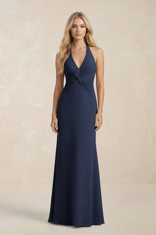 Ruched V - Neck Sheath Bridesmaid Dress With Bow in Dark Navy - KISS BRIDAL Bridesmaid Dresses