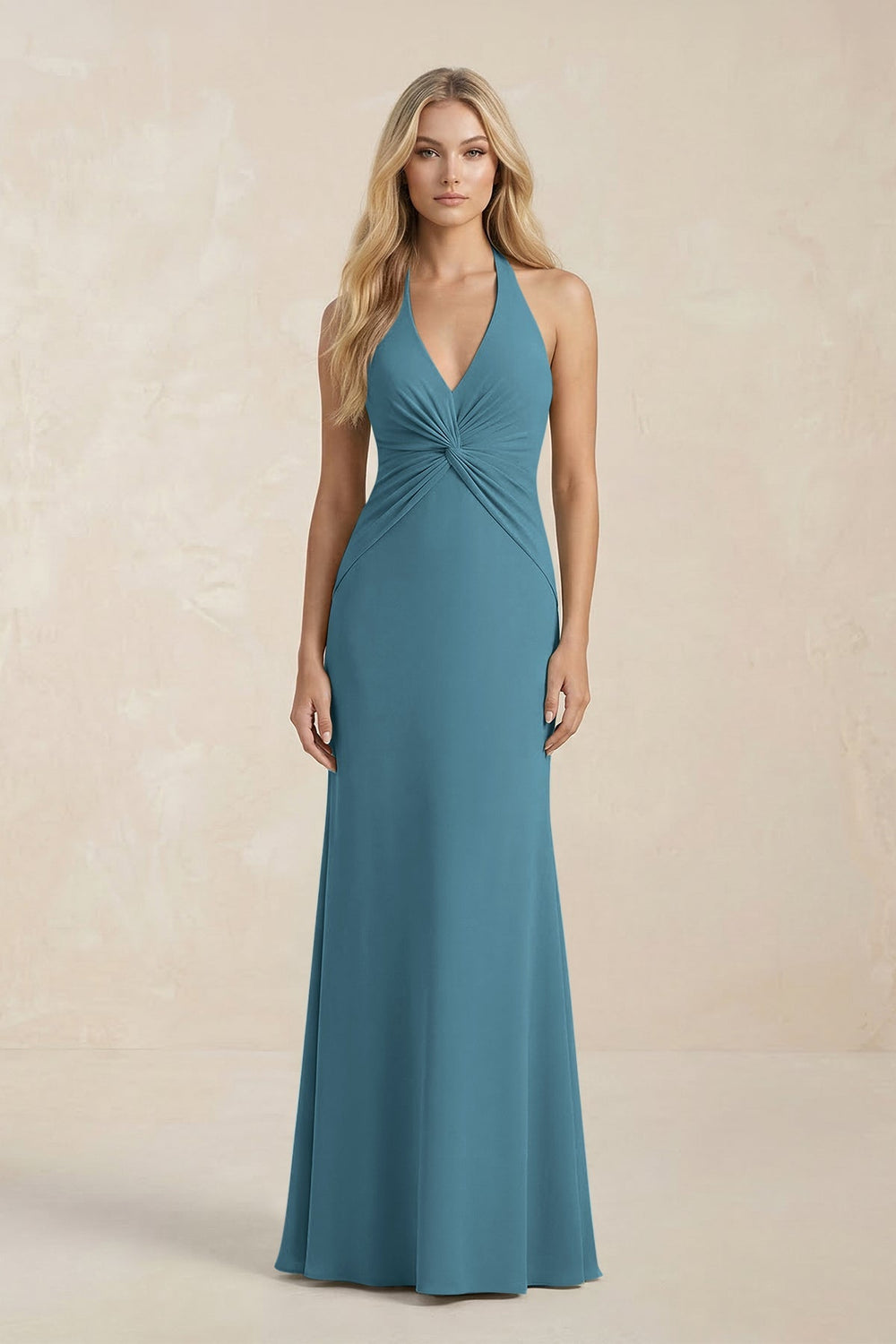 Ruched V - Neck Sheath Bridesmaid Dress With Bow in Dark Teal - KISS BRIDAL Bridesmaid Dresses