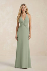 Ruched V - Neck Sheath Bridesmaid Dress With Bow in Dove Gray - KISS BRIDAL Bridesmaid Dresses