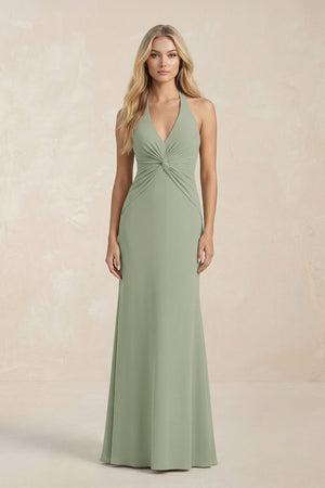Ruched V - Neck Sheath Bridesmaid Dress With Bow in Dove Gray - KISS BRIDAL Bridesmaid Dresses