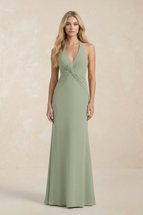 Ruched V - Neck Sheath Bridesmaid Dress With Bow in Dove Gray - KISS BRIDAL Bridesmaid Dresses