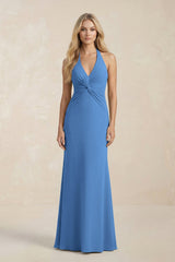 Ruched V - Neck Sheath Bridesmaid Dress With Bow in Dusty Blue - KISS BRIDAL Bridesmaid Dresses