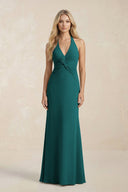 Ruched V - Neck Sheath Bridesmaid Dress With Bow in Emerald - KISS BRIDAL Bridesmaid Dresses