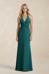 Ruched V - Neck Sheath Bridesmaid Dress With Bow in Emerald - KISS BRIDAL Bridesmaid Dresses