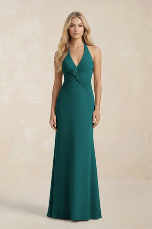 Ruched V - Neck Sheath Bridesmaid Dress With Bow in Emerald - KISS BRIDAL Bridesmaid Dresses