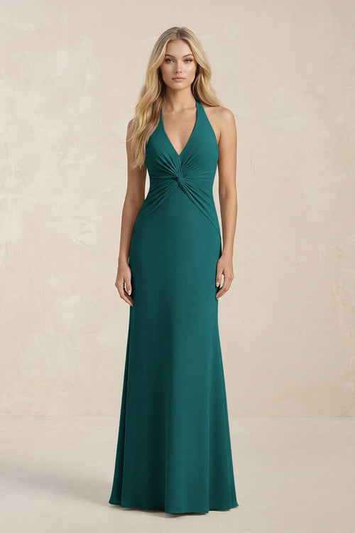 Ruched V - Neck Sheath Bridesmaid Dress With Bow in Emerald - KISS BRIDAL Bridesmaid Dresses