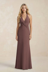 Ruched V - Neck Sheath Bridesmaid Dress With Bow in Espresso - KISS BRIDAL Bridesmaid Dresses