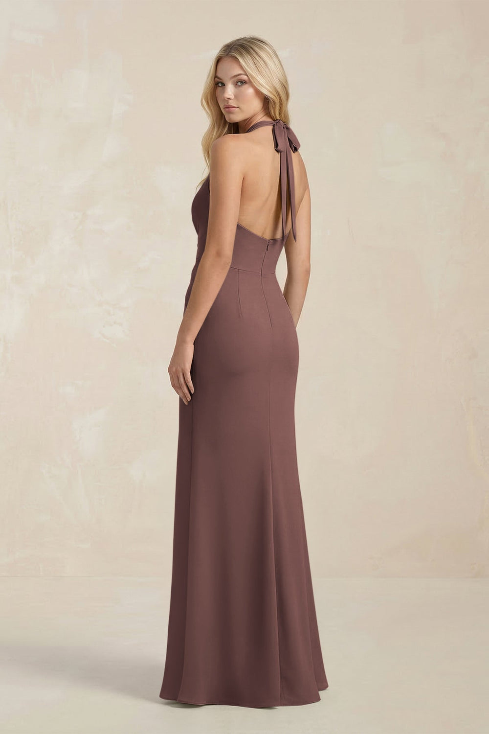Ruched V - Neck Sheath Bridesmaid Dress With Bow in Espresso - KISS BRIDAL Bridesmaid Dresses