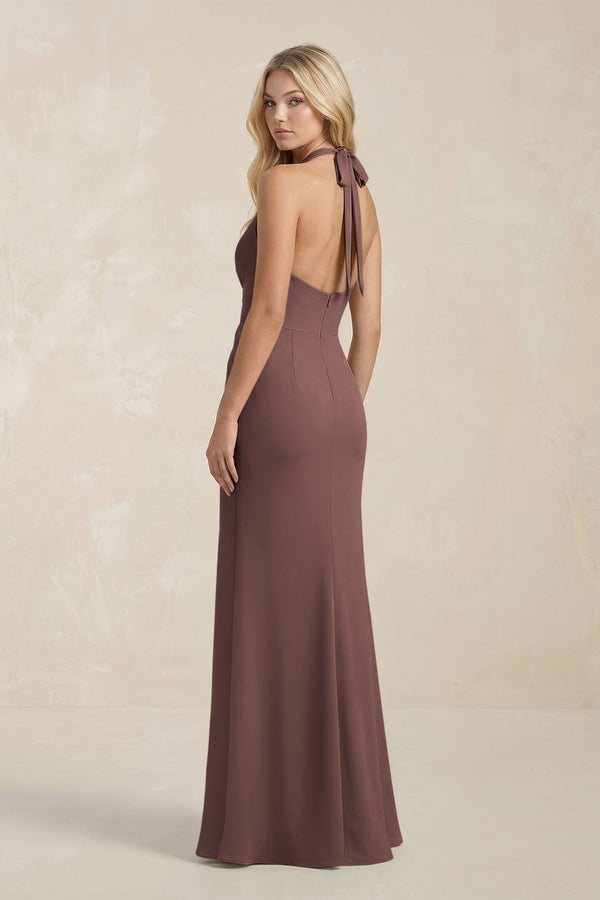 Ruched V - Neck Sheath Bridesmaid Dress With Bow in Espresso - KISS BRIDAL Bridesmaid Dresses