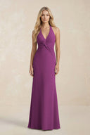 Ruched V - Neck Sheath Bridesmaid Dress With Bow in Fig - KISS BRIDAL Bridesmaid Dresses
