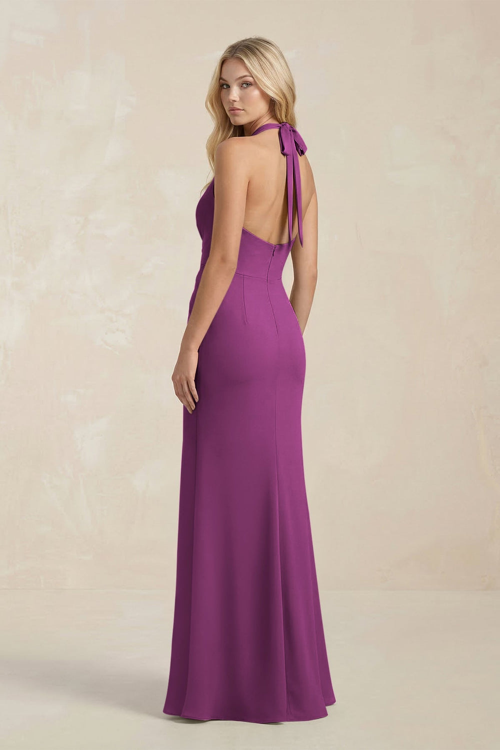 Ruched V - Neck Sheath Bridesmaid Dress With Bow in Fig - KISS BRIDAL Bridesmaid Dresses