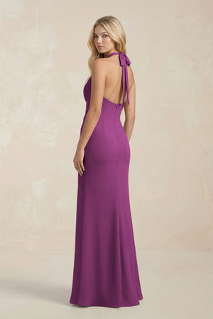 Ruched V - Neck Sheath Bridesmaid Dress With Bow in Fig - KISS BRIDAL Bridesmaid Dresses