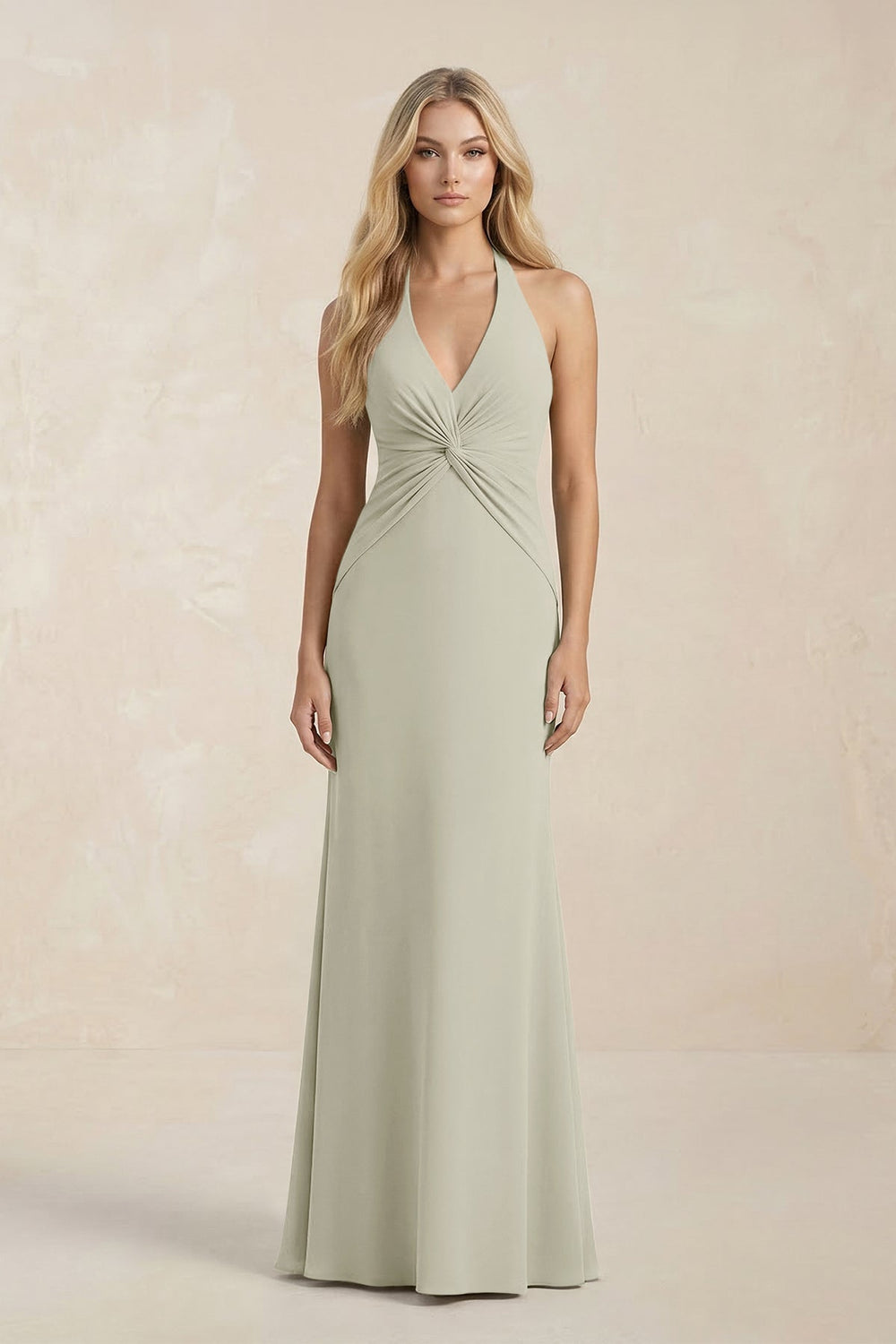 Ruched V - Neck Sheath Bridesmaid Dress With Bow in Frost - KISS BRIDAL Bridesmaid Dresses