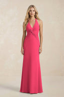 Ruched V - Neck Sheath Bridesmaid Dress With Bow in Fuchsia - KISS BRIDAL Bridesmaid Dresses