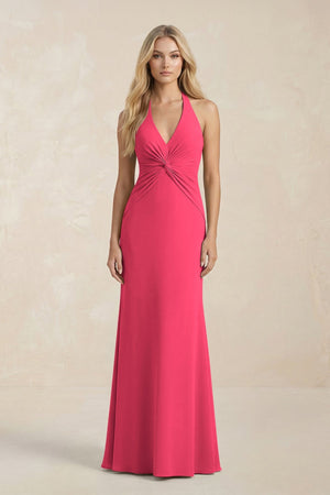 Ruched V - Neck Sheath Bridesmaid Dress With Bow in Fuchsia - KISS BRIDAL Bridesmaid Dresses