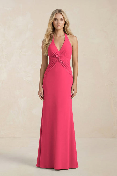 Ruched V - Neck Sheath Bridesmaid Dress With Bow in Fuchsia - KISS BRIDAL Bridesmaid Dresses