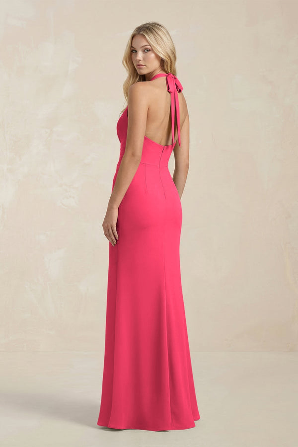 Ruched V - Neck Sheath Bridesmaid Dress With Bow in Fuchsia - KISS BRIDAL Bridesmaid Dresses