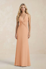 Ruched V - Neck Sheath Bridesmaid Dress With Bow in Golden Champagne - KISS BRIDAL Bridesmaid Dresses
